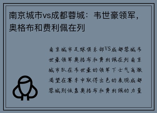 南京城市vs成都蓉城：韦世豪领军，奥格布和费利佩在列